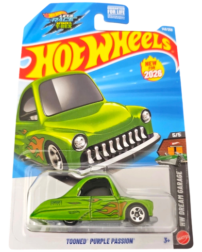 More Than Diecast 2026 Hot Wheels Tooned Purple Passion green die-cast toy car in original blister packaging