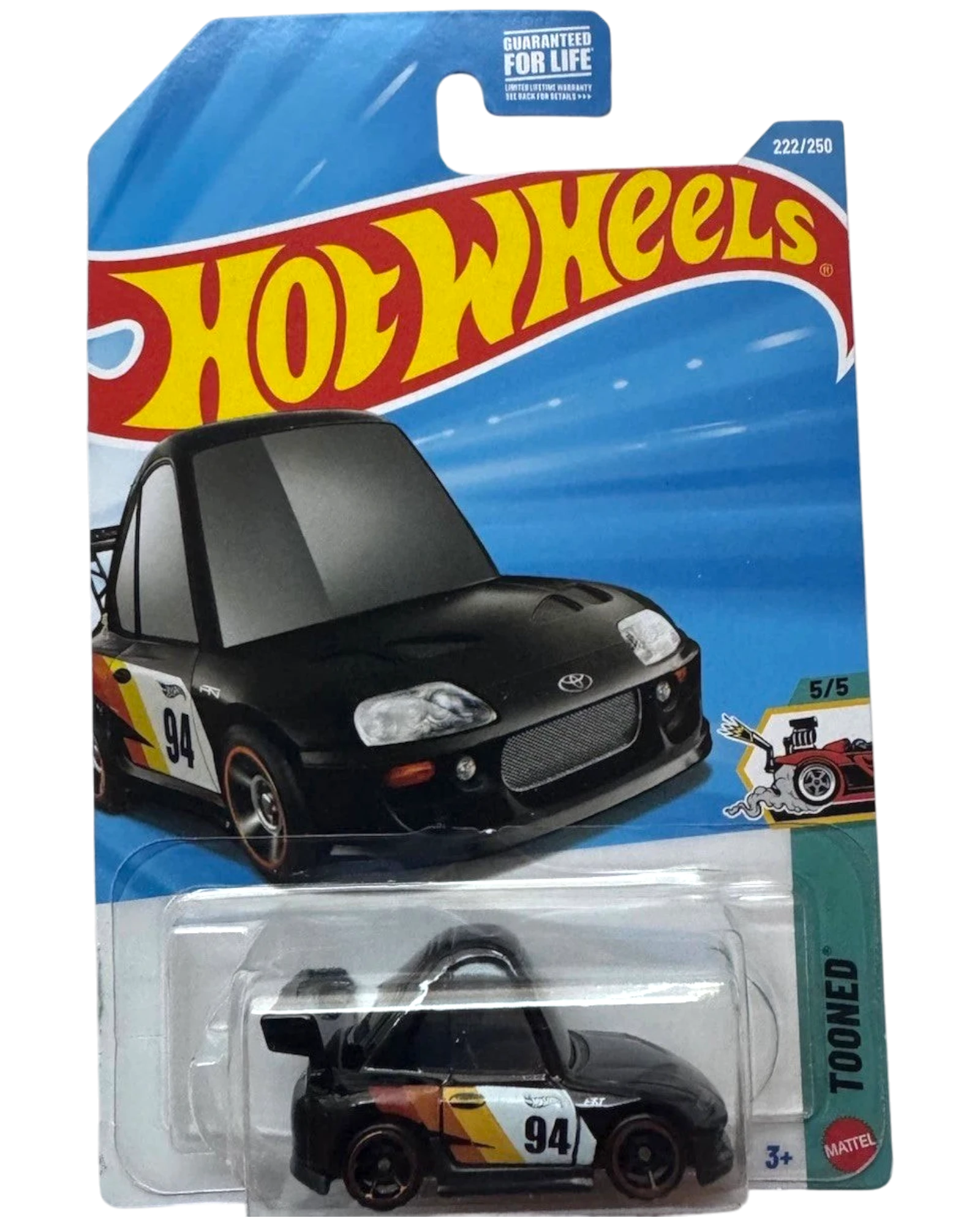 More Than Diecast Hot Wheels Tooned '94 Toyota Supra die-cast car in black with racing decals on blister card