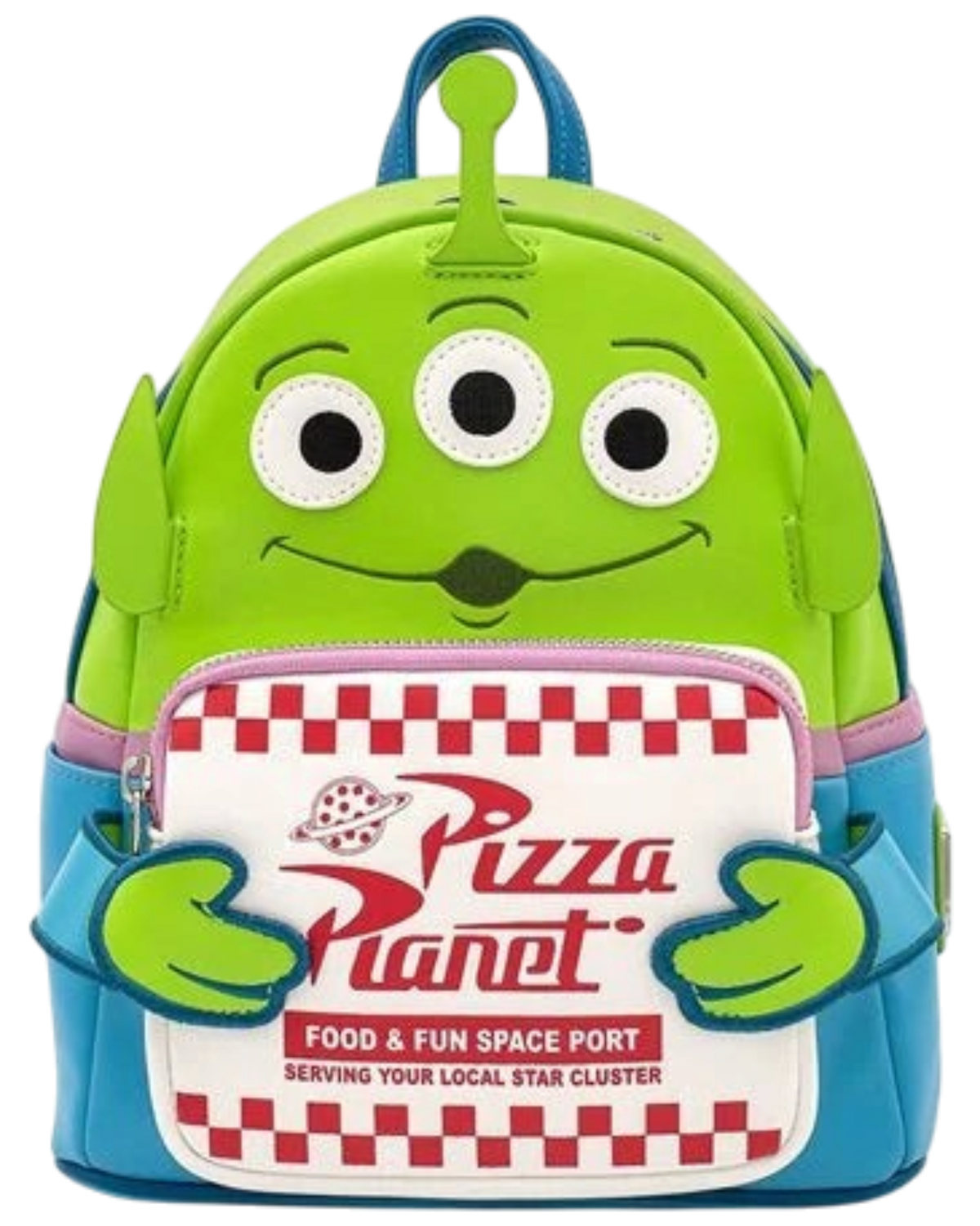 More Than Diecast Loungefly Toy Story Alien mini backpack in green faux leather with Pizza Planet box front pocket.