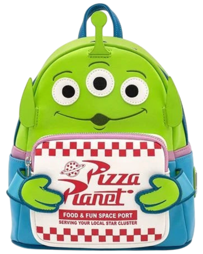 More Than Diecast Loungefly Toy Story Alien mini backpack in green faux leather with Pizza Planet box front pocket.