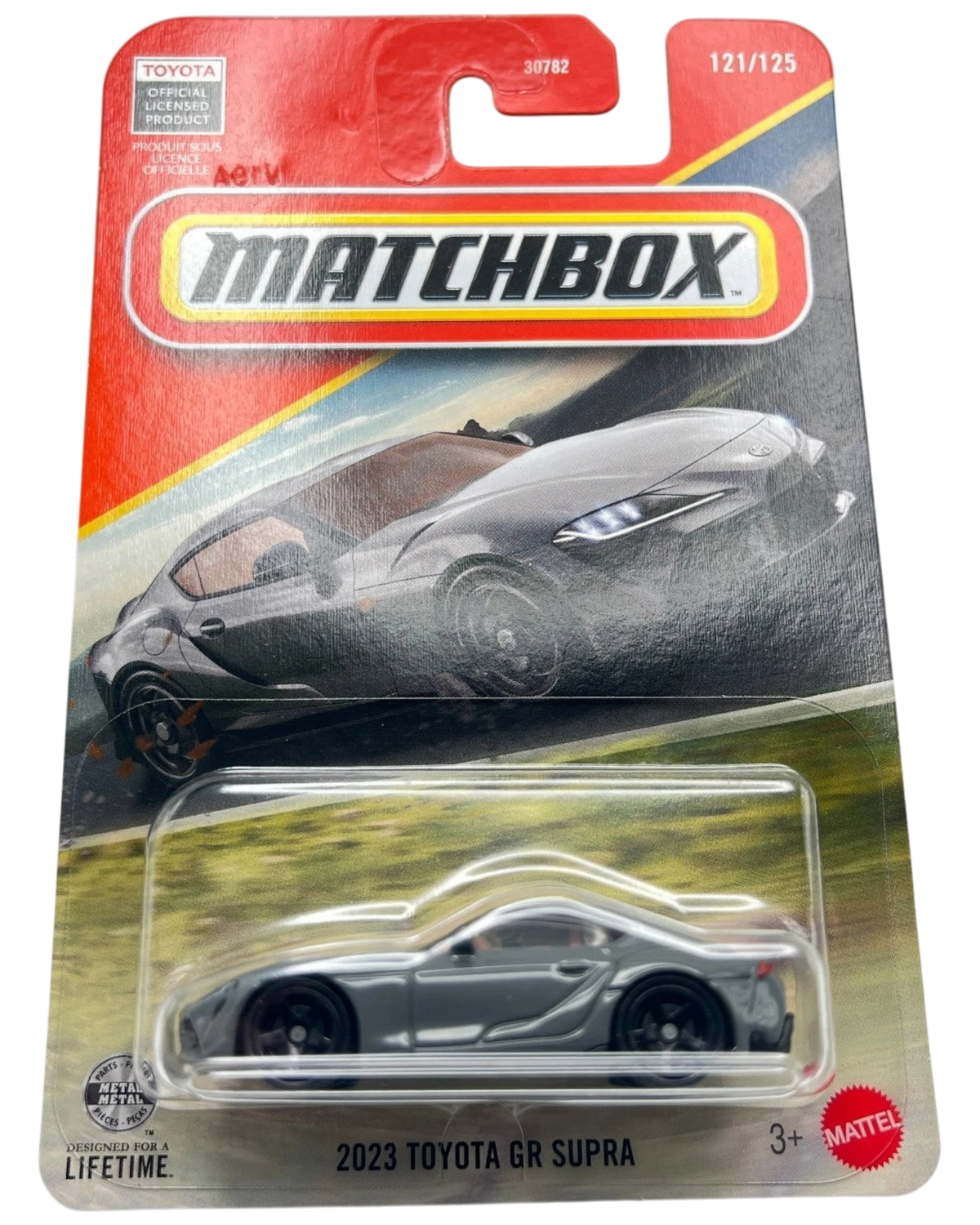 More Than Diecast 2023 Toyota GR Supra in grey, 1:64 scale Matchbox die-cast car in original blister packaging.