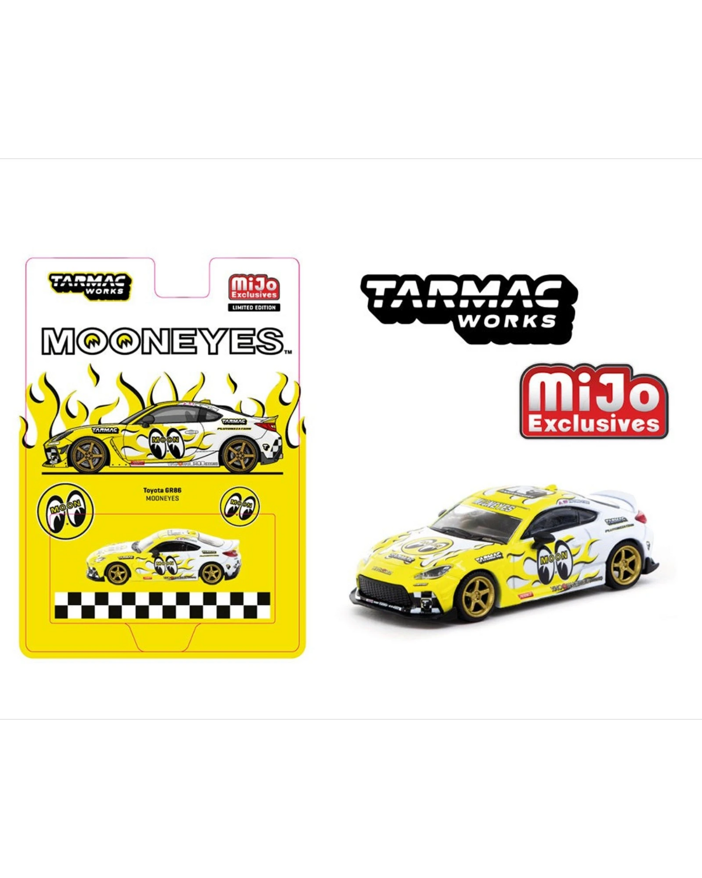 More Than Diecast Tarmac Works 1:64 Toyota GR86 MOONEYES yellow diecast car with flame decals and gold wheels