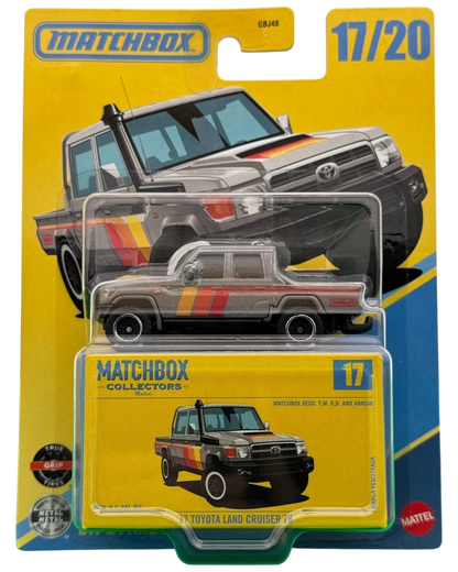 More Than Diecast Matchbox Collectors 2017 Toyota Land Cruiser 78 1:64 scale diecast truck in silver with racing decals