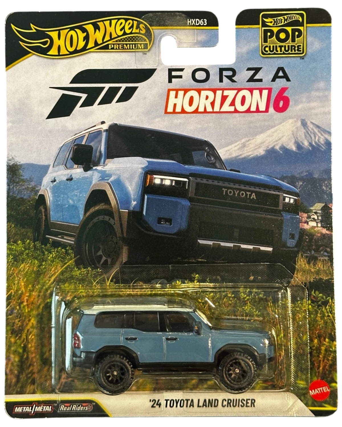More Than Diecast Hot Wheels Premium '24 Toyota Land Cruiser in blue, featuring Forza Horizon 6 branding on card.