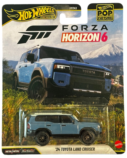 More Than Diecast Hot Wheels Premium '24 Toyota Land Cruiser in blue, featuring Forza Horizon 6 branding on card.