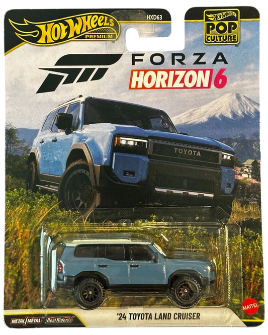 More Than Diecast Hot Wheels Premium '24 Toyota Land Cruiser in blue, featuring Forza Horizon 6 branding on card.
