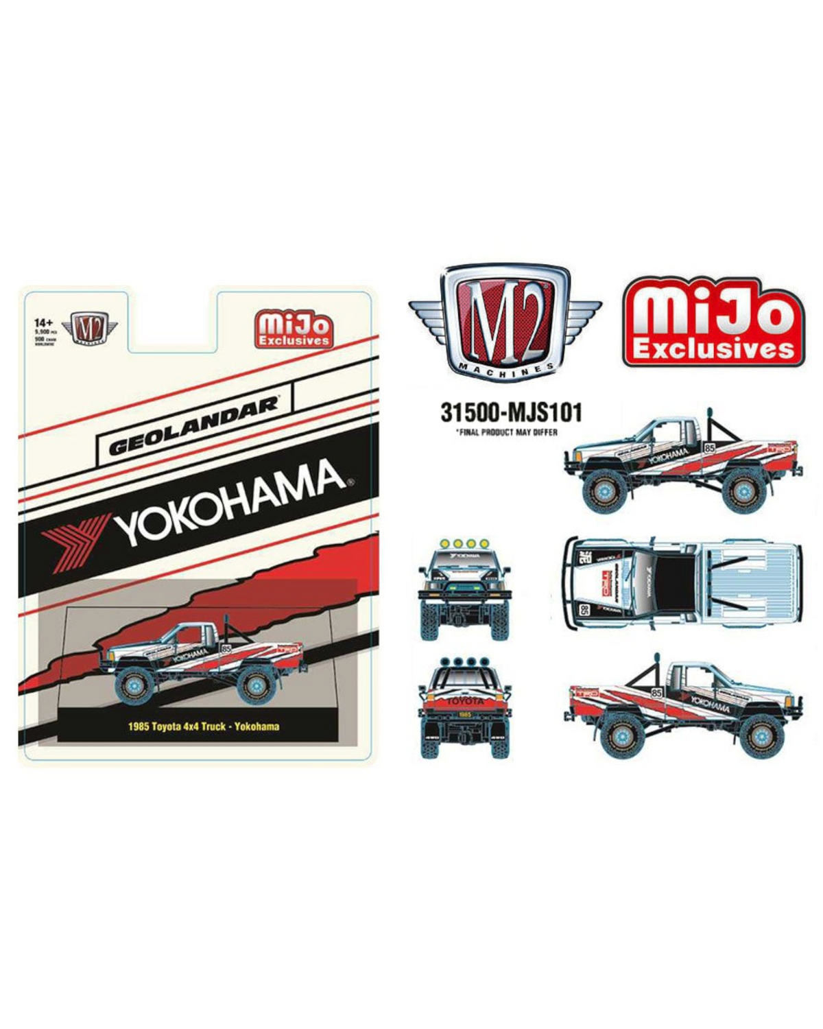 More Than Diecast M2 Machines 1985 Toyota 4x4 off-road pickup in white with Yokohama Geolandar tires on blister card