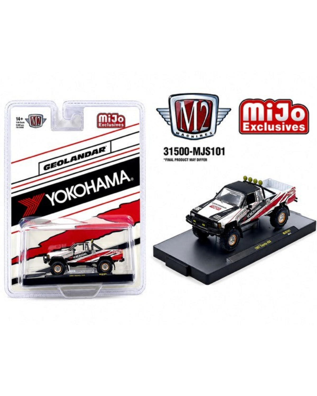 More Than Diecast M2 Machines 1985 Toyota 4x4 pickup in white with Yokohama Geolandar tires in blister packaging.