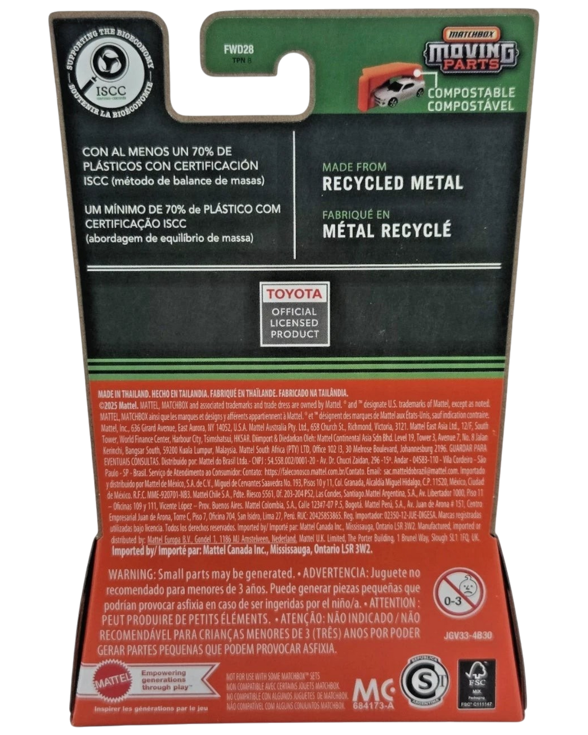 More Than Diecast Matchbox 2025 Toyota Sequoia TRD Pro packaging back showing recycled metal and safety information