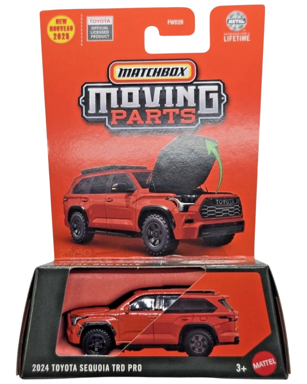 More Than Diecast Matchbox 2024 Toyota Sequoia TRD Pro orange SUV die-cast toy car with opening hood feature