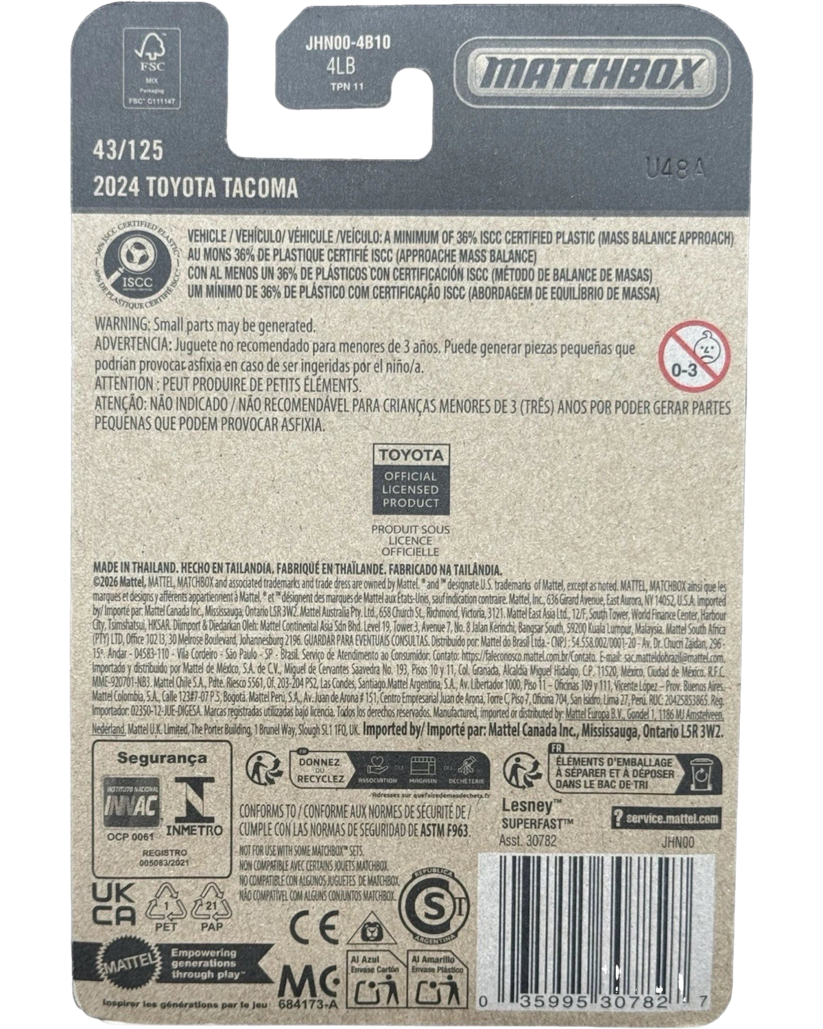 More Than Diecast Matchbox 2026 MBX Team Toyota 2024 Toyota Tacoma packaging back with safety and product information