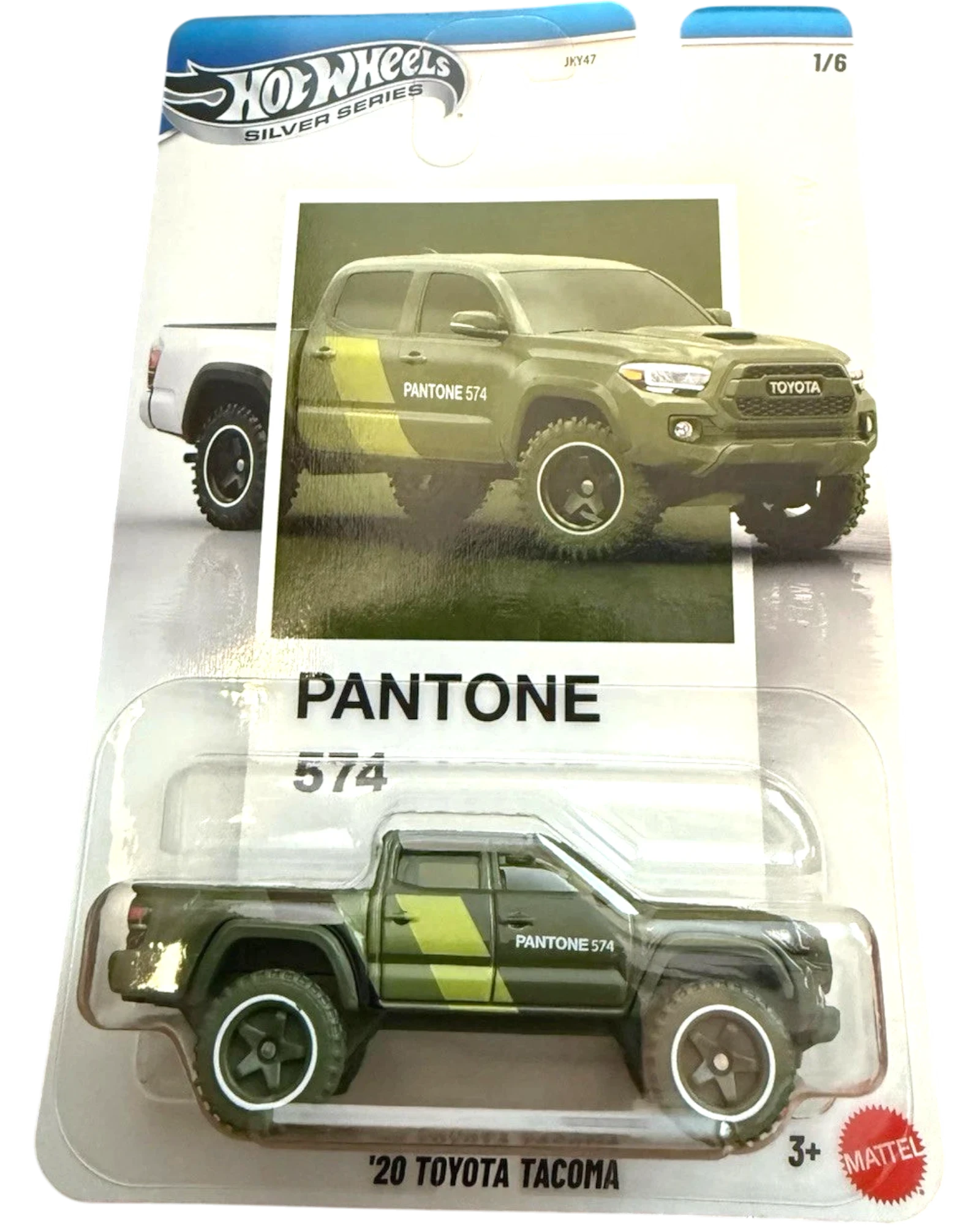 More Than Diecast 2020 Toyota Tacoma truck in olive green with Pantone 574 graphics, part of Hot Wheels Silver Series.