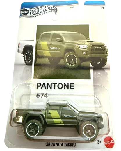 More Than Diecast 2020 Toyota Tacoma truck in olive green with Pantone 574 graphics, part of Hot Wheels Silver Series.