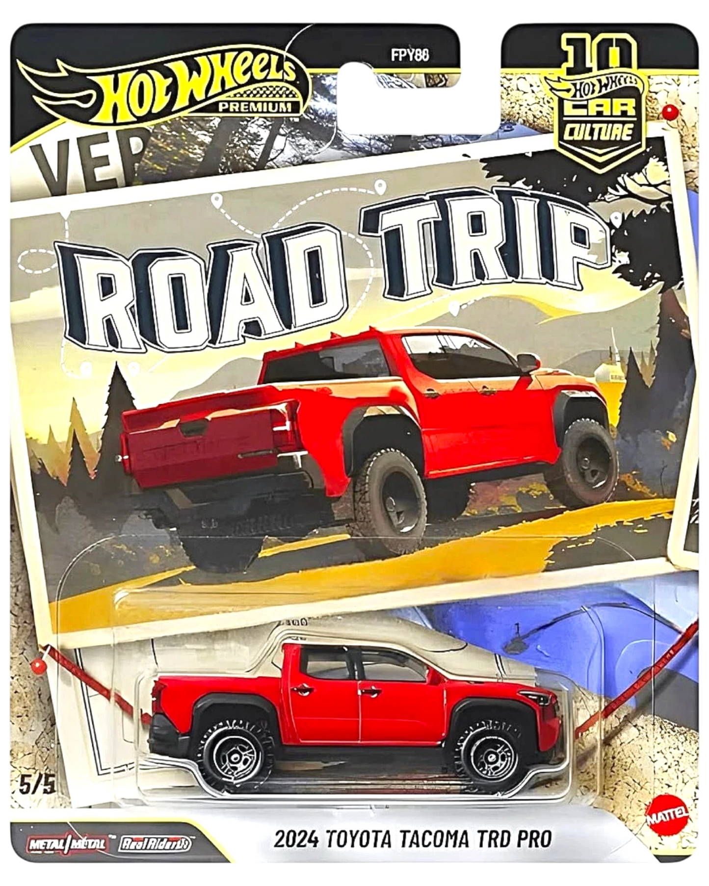 More Than Diecast Hot Wheels 2024 Toyota Tacoma TRD Pro in red with Real Riders tires on Car Culture Road Trip card