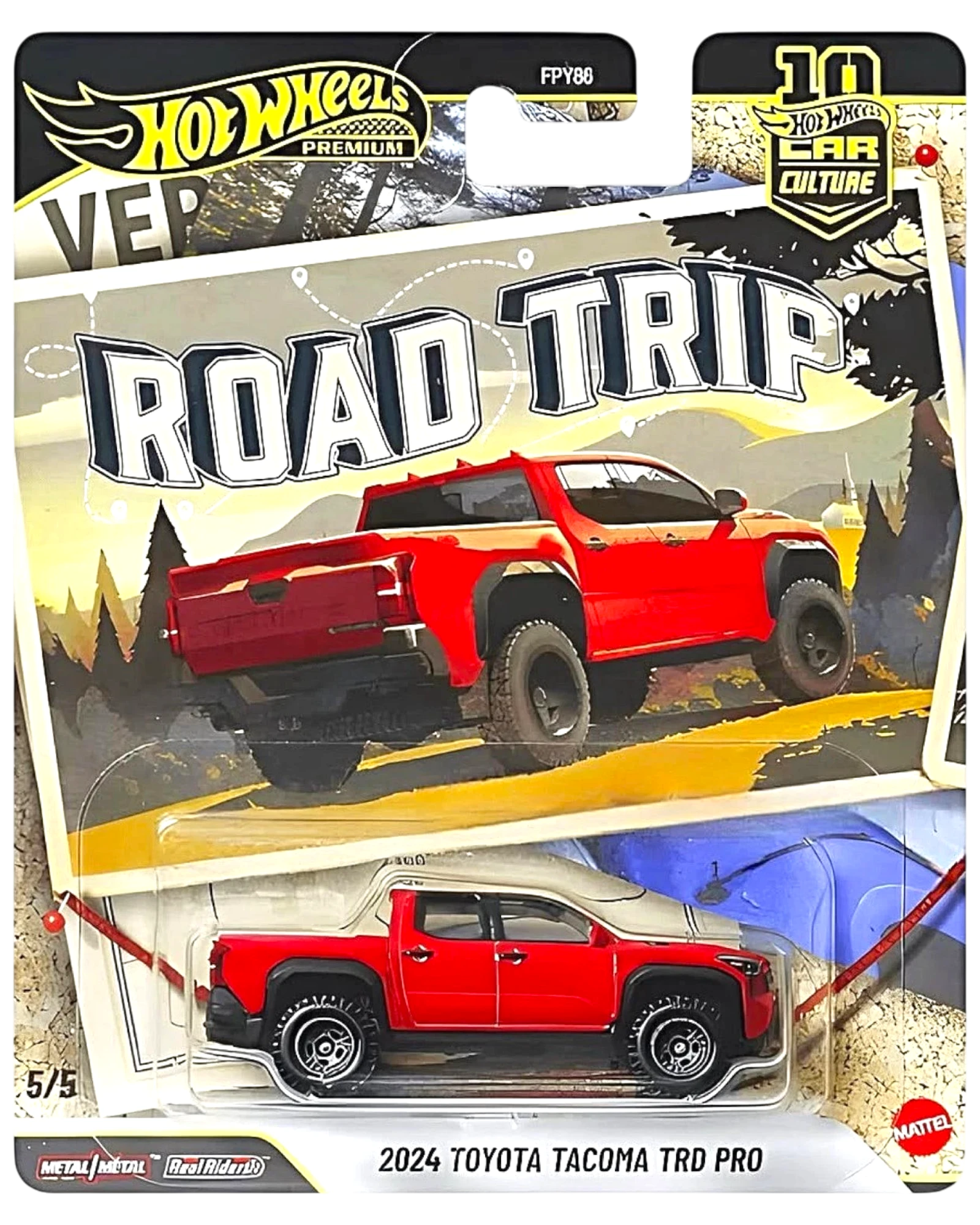 More Than Diecast Hot Wheels 2024 Toyota Tacoma TRD Pro in red with Real Riders tires on Car Culture Road Trip card