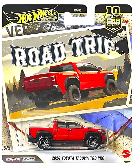 More Than Diecast Hot Wheels 2024 Toyota Tacoma TRD Pro in red with Real Riders tires on Car Culture Road Trip card