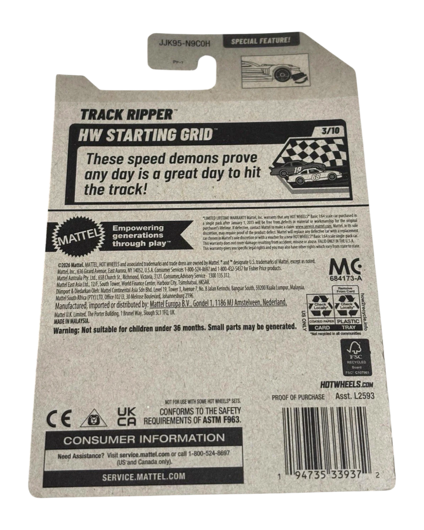 More Than Diecast Hot Wheels Track Ripper gray toy car packaging back view with product details and safety info