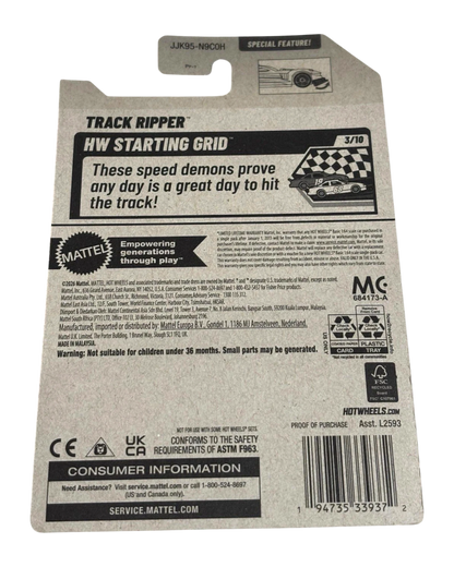 More Than Diecast Hot Wheels Track Ripper gray toy car packaging back view with product details and safety info