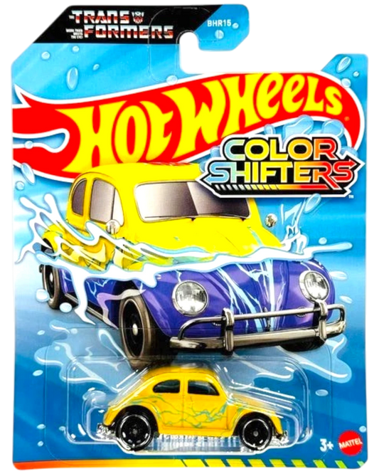 More Than Diecast Hot Wheels Color Shifters Transformers Bumblebee VW Beetle die-cast car in yellow and purple packaging