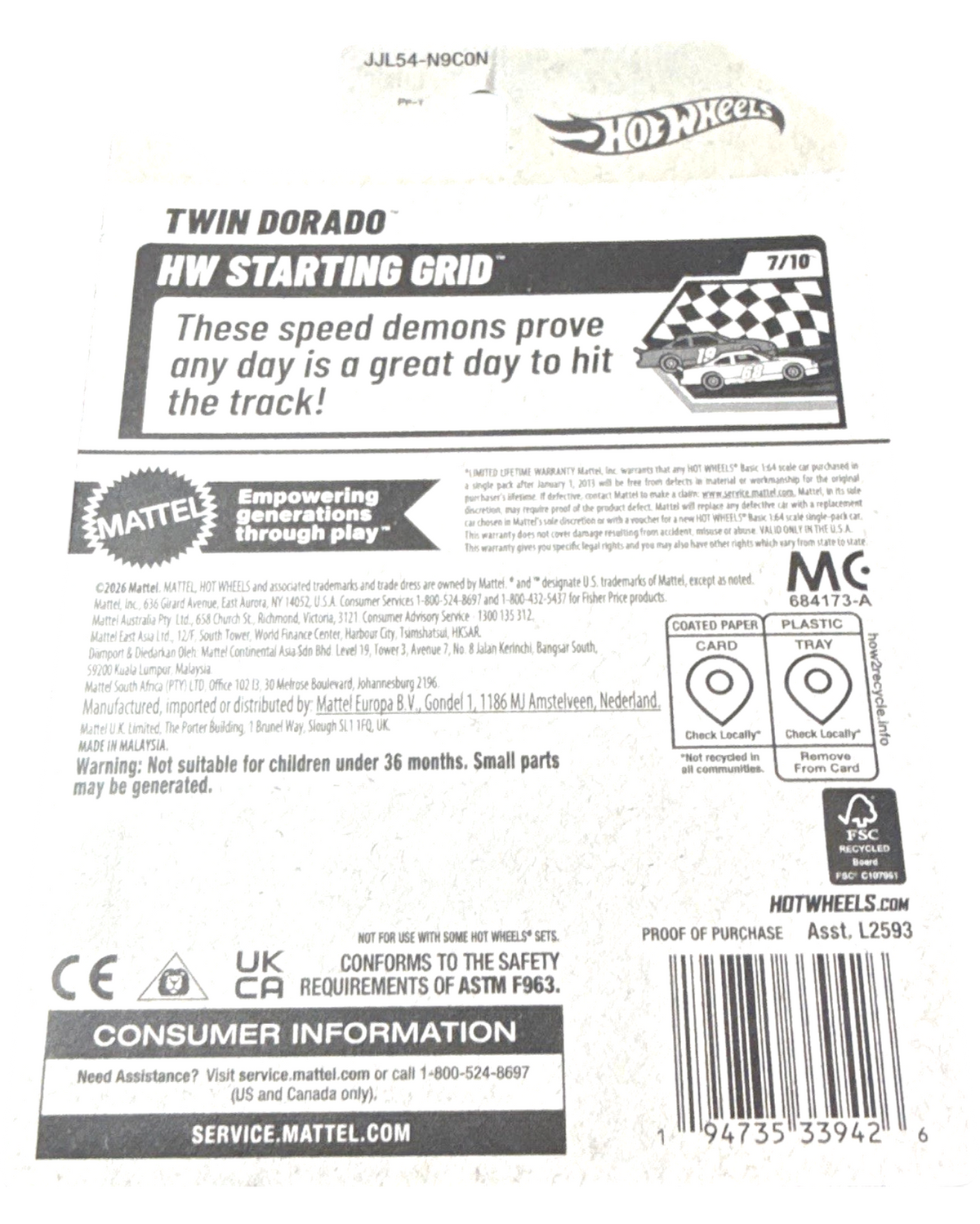 More Than Diecast Hot Wheels 2026 Twin Dorado HW Starting Grid card back showing product details and branding