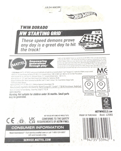 More Than Diecast Hot Wheels 2026 Twin Dorado HW Starting Grid card back showing product details and branding