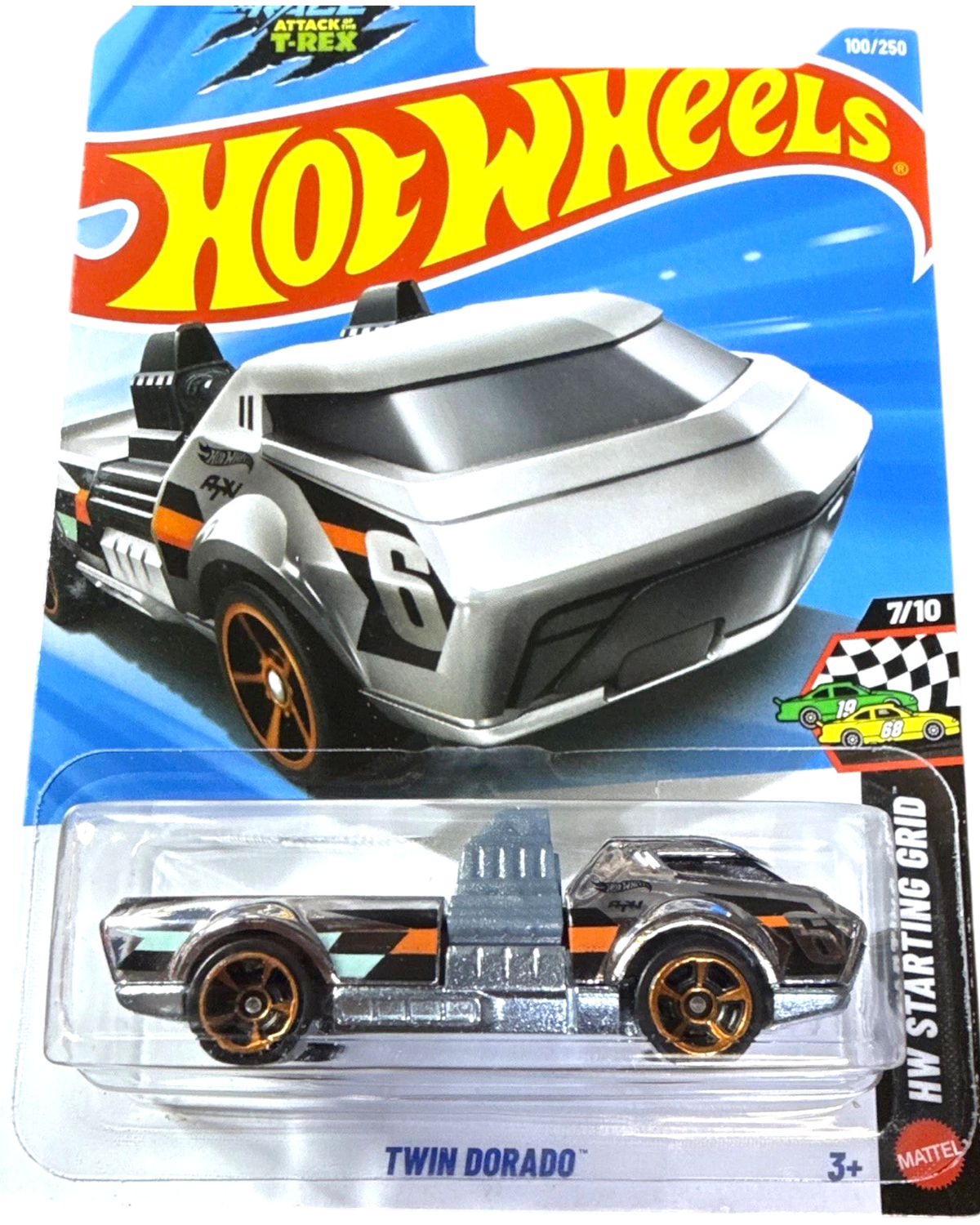 More Than Diecast Hot Wheels 2026 Twin Dorado silver die-cast car in HW Starting Grid packaging