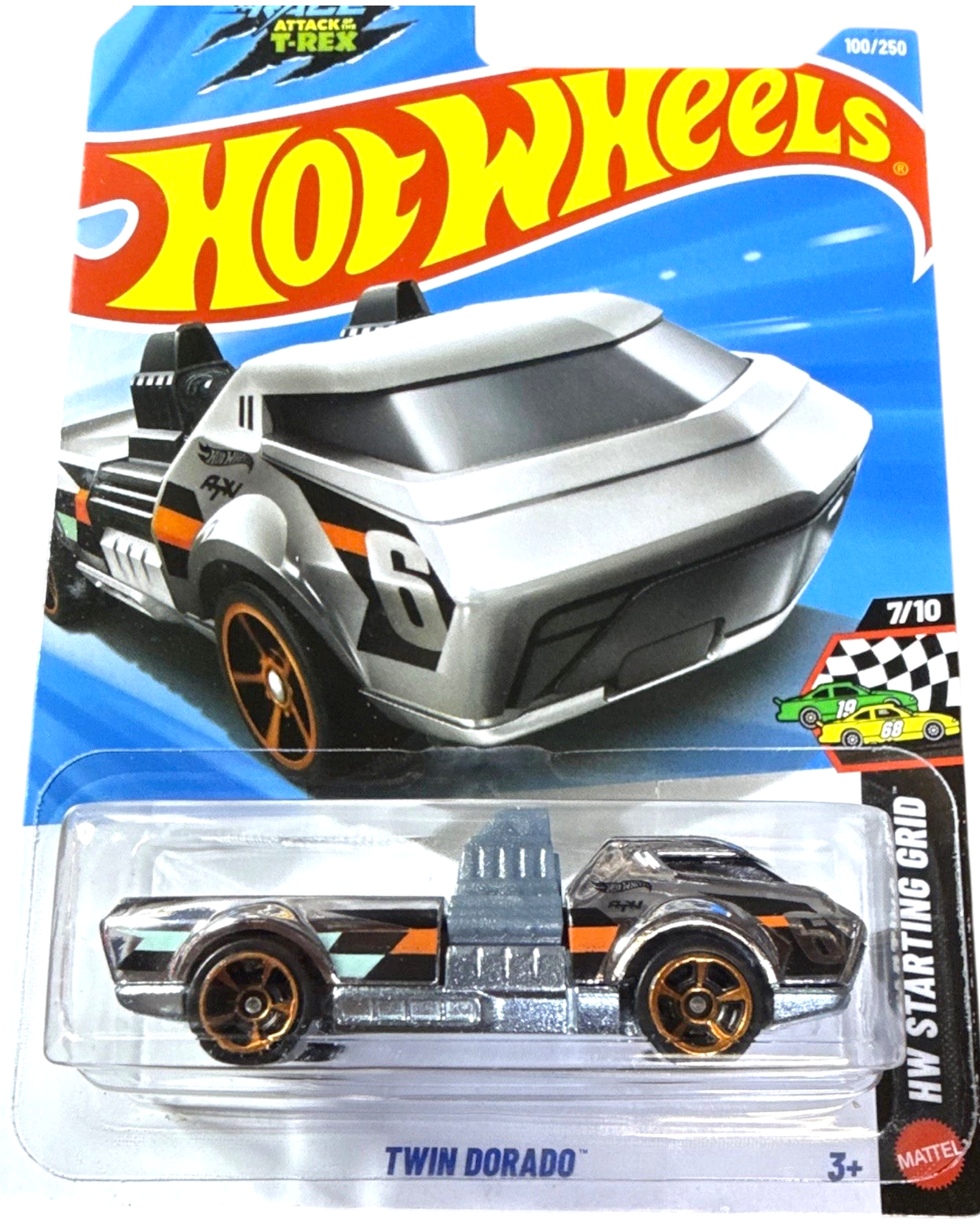 More Than Diecast Hot Wheels 2026 Twin Dorado silver die-cast car in HW Starting Grid packaging