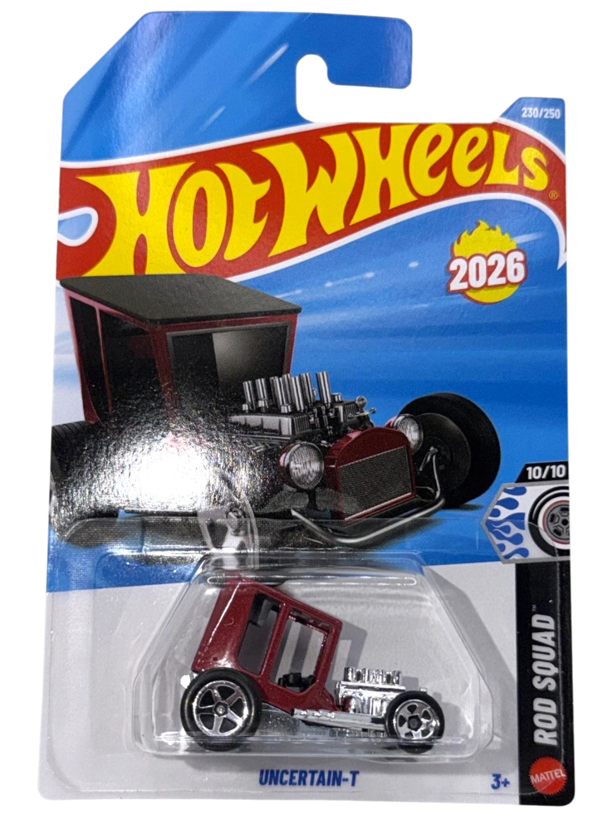 More Than Diecast Hot Wheels Uncertain-T red and silver 1:64 scale die-cast T-bucket hot rod in original packaging.