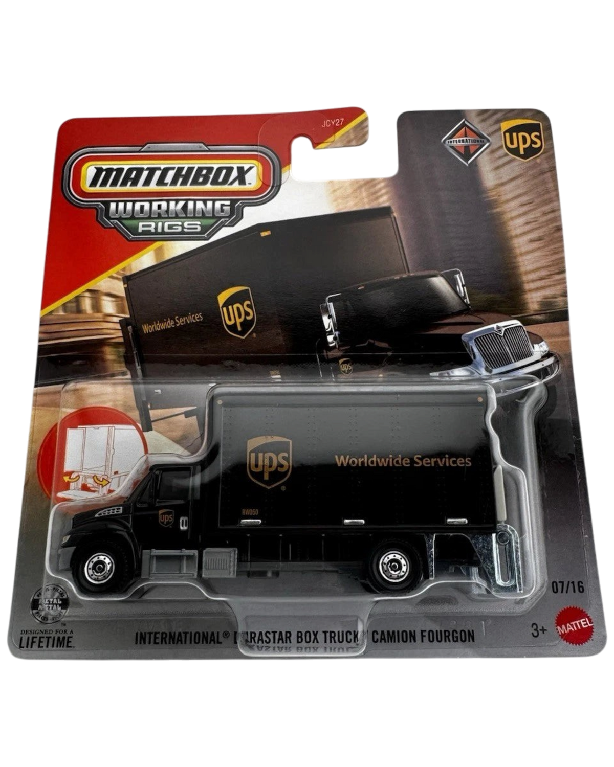 More Than Diecast Matchbox Working Rigs UPS International DuraStar box truck in original blister card packaging.