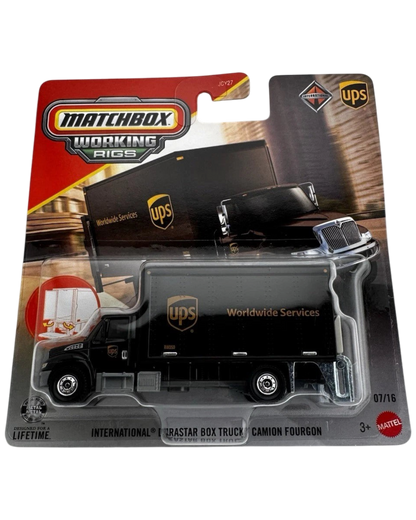 More Than Diecast Matchbox Working Rigs UPS International DuraStar box truck in original blister card packaging.