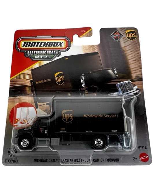 More Than Diecast Matchbox Working Rigs UPS International DuraStar box truck in original blister card packaging.