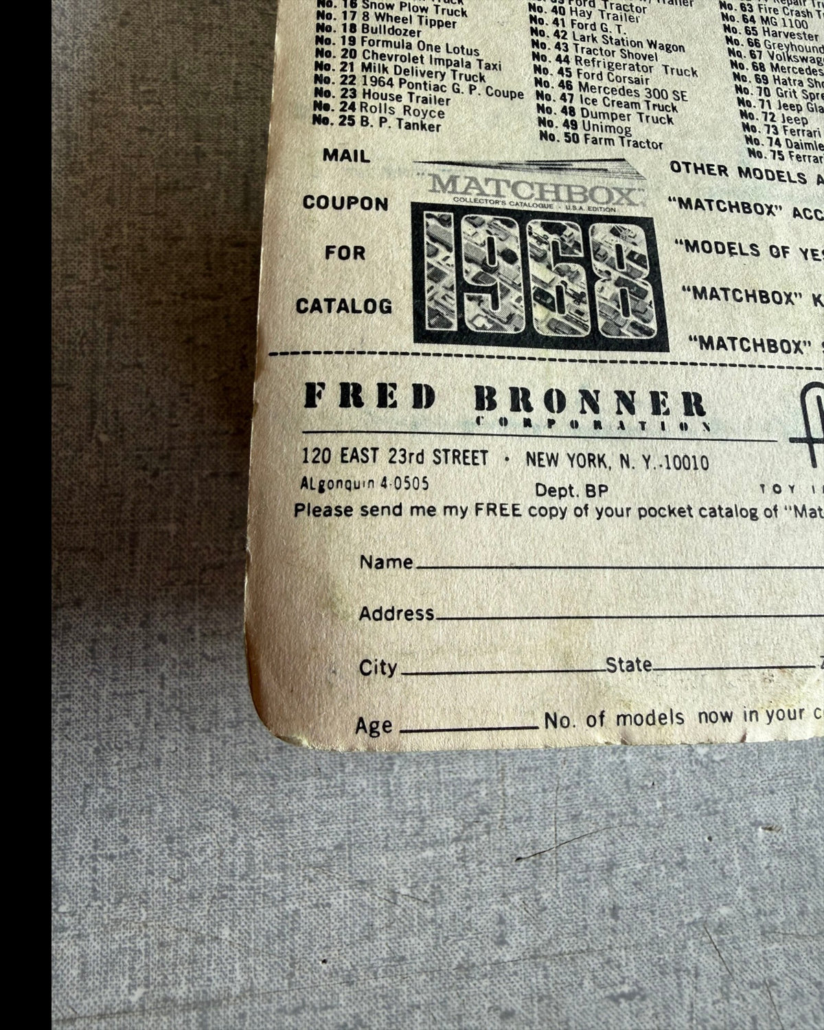 Vintage 1968 More Than Diecast Matchbox catalog mail-in coupon for collectors with Fred Bronner Corporation address