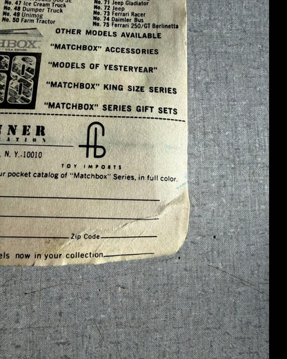 More Than Diecast vintage Matchbox 1-75 series paper catalog insert showing model list and toy import details
