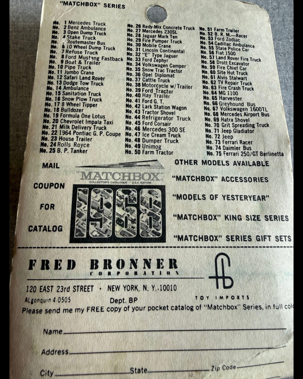 Vintage 1968 More Than Diecast Matchbox 1-75 series collector catalog paper insert with list of toy vehicles