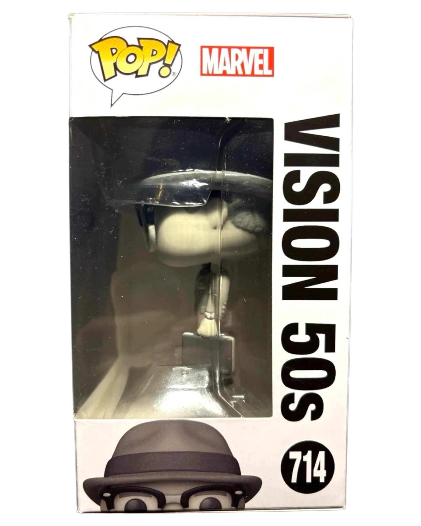 More Than Diecast Marvel WandaVision Vision 50s Funko Pop! #714 vinyl figure in box. Black and white.