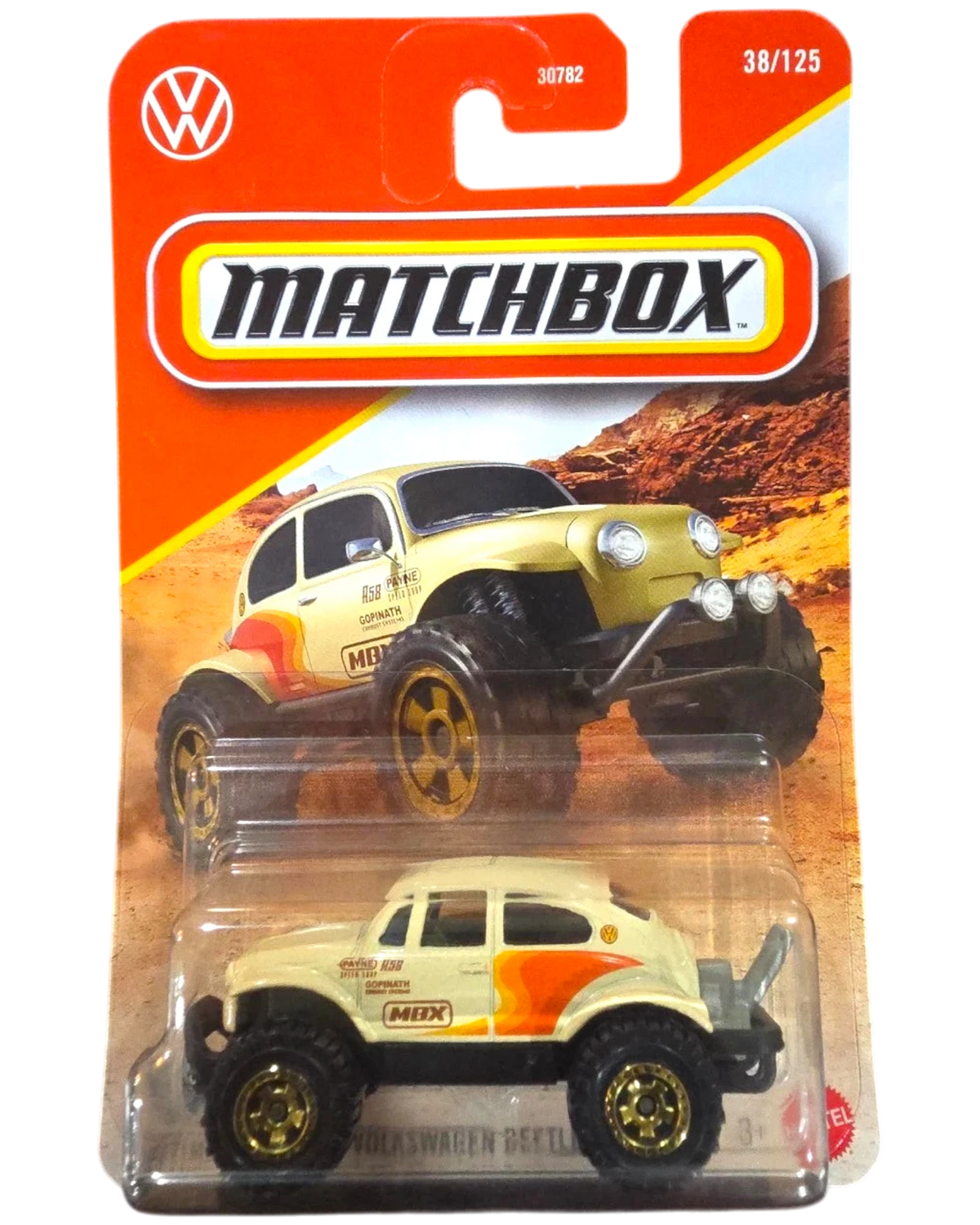 More Than Diecast 2026 Matchbox Volkswagen Beetle 4x4 in cream with orange graphics, 1:64 scale off-road toy car.