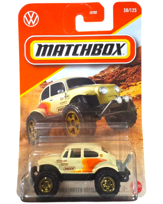 More Than Diecast 2026 Matchbox Volkswagen Beetle 4x4 in cream with orange graphics, 1:64 scale off-road toy car.