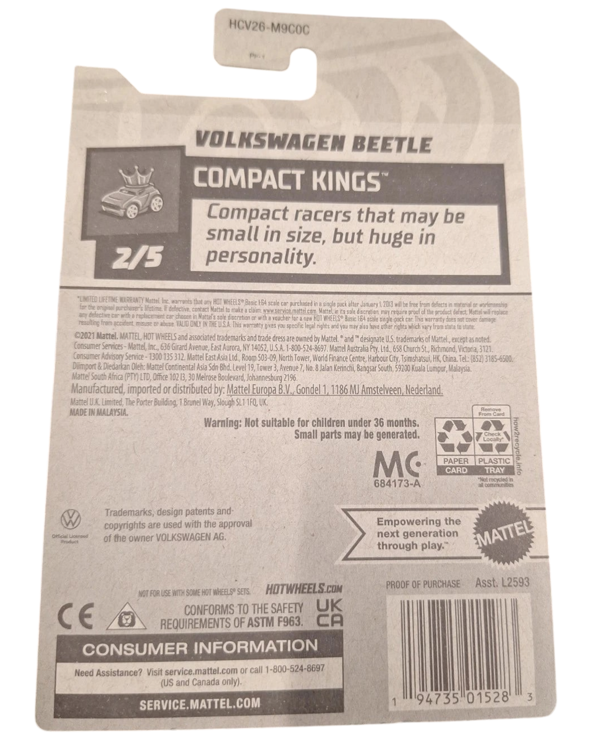 More Than Diecast Hot Wheels Volkswagen Beetle Compact Kings packaging back view with product information and details