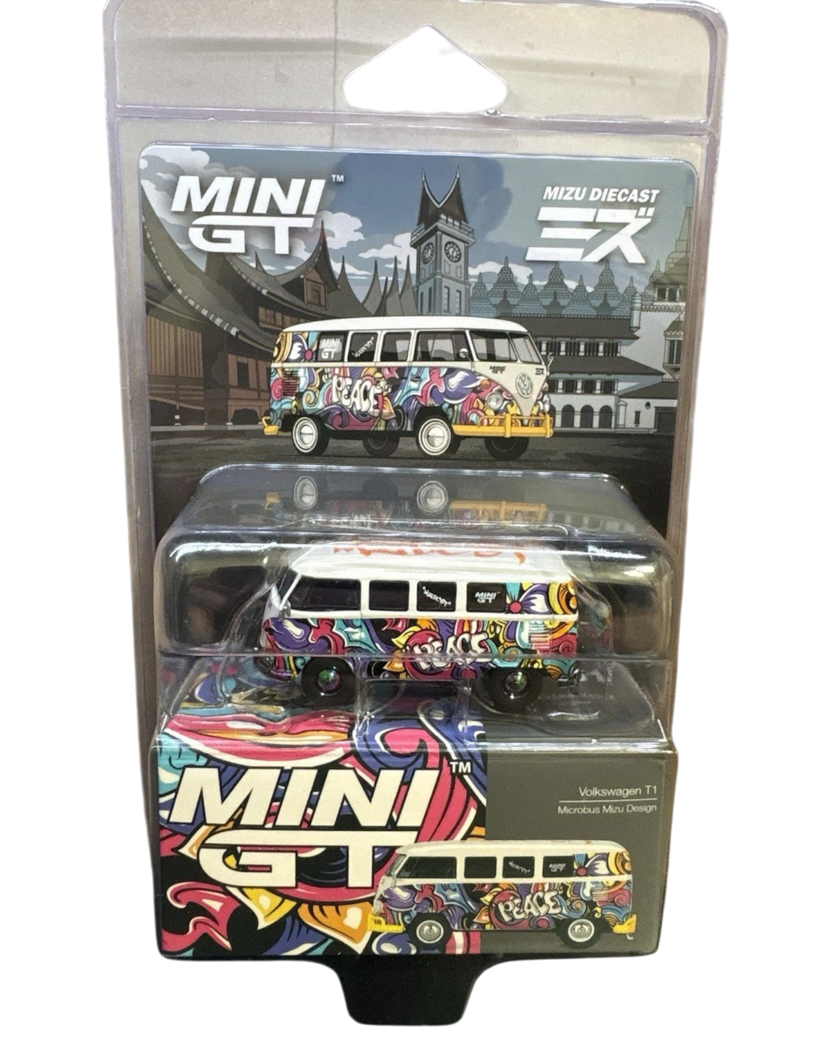 More Than Diecast MINI GT Volkswagen T1 Bus Mizu Design 1/64 scale diecast model in white and yellow with graffiti art