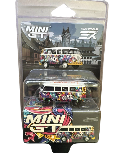 More Than Diecast MINI GT Volkswagen T1 Bus Mizu Design 1/64 scale diecast model in white and yellow with graffiti art