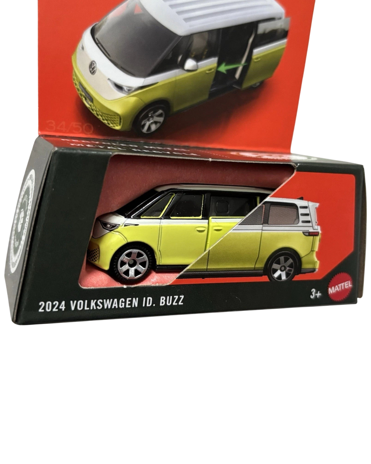 More Than Diecast 2024 Volkswagen ID. Buzz die-cast van in yellow and white, packaged in a Matchbox Moving Parts box.