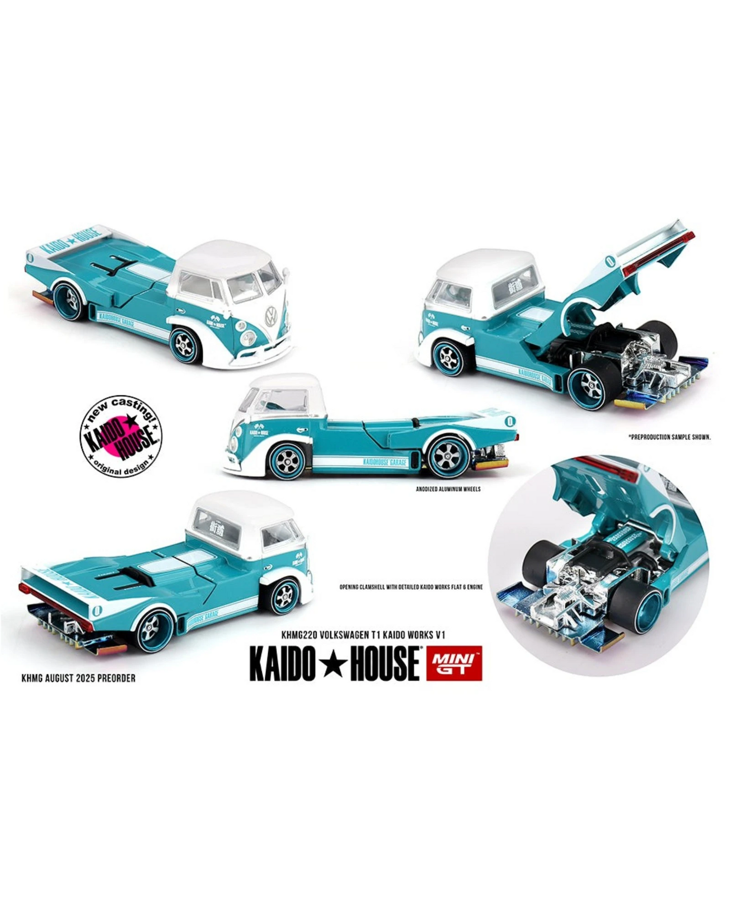 More Than Diecast Kaido House x Mini GT Volkswagen T1 Kaido Works V1 die-cast model in turquoise and white.