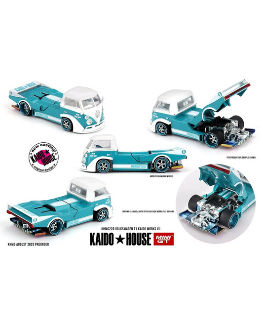 More Than Diecast Kaido House x Mini GT Volkswagen T1 Kaido Works V1 die-cast model in turquoise and white.