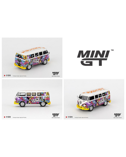 More Than Diecast Mini GT 1:64 scale Volkswagen T1 Microbus with vibrant Mizu Design graffiti art and peace graphics.