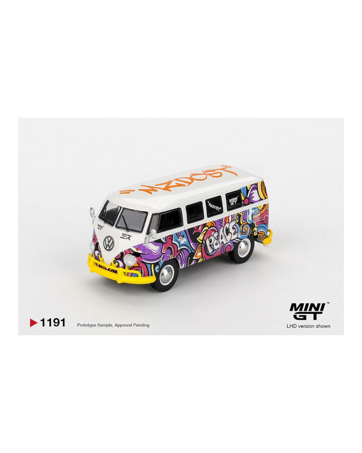 More Than Diecast 1:64 scale Volkswagen T1 Microbus with Mizu graffiti design, yellow bumper, and peace sign graphics.