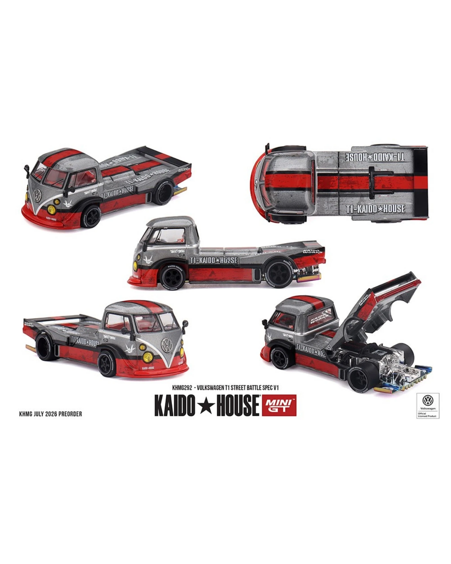 More Than Diecast Kaido House x Mini GT 1:64 Volkswagen T1 Street Battle Spec V1 die-cast truck with red and grey livery