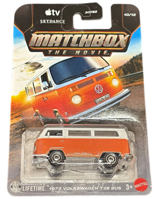 More Than Diecast Matchbox 1973 Volkswagen T2B Bus in orange and white, 1:64 scale die-cast model in blister pack.