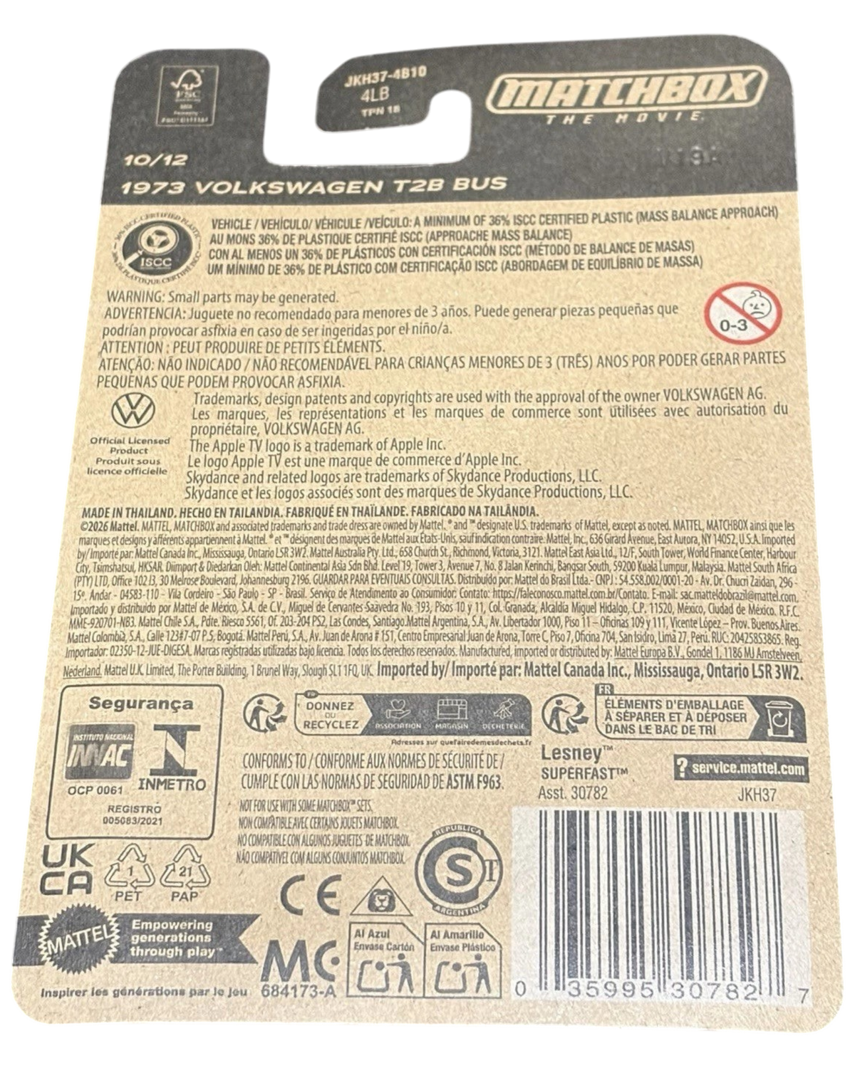 More Than Diecast packaging back for 1973 Volkswagen T2B Bus die-cast toy with safety information and legal text