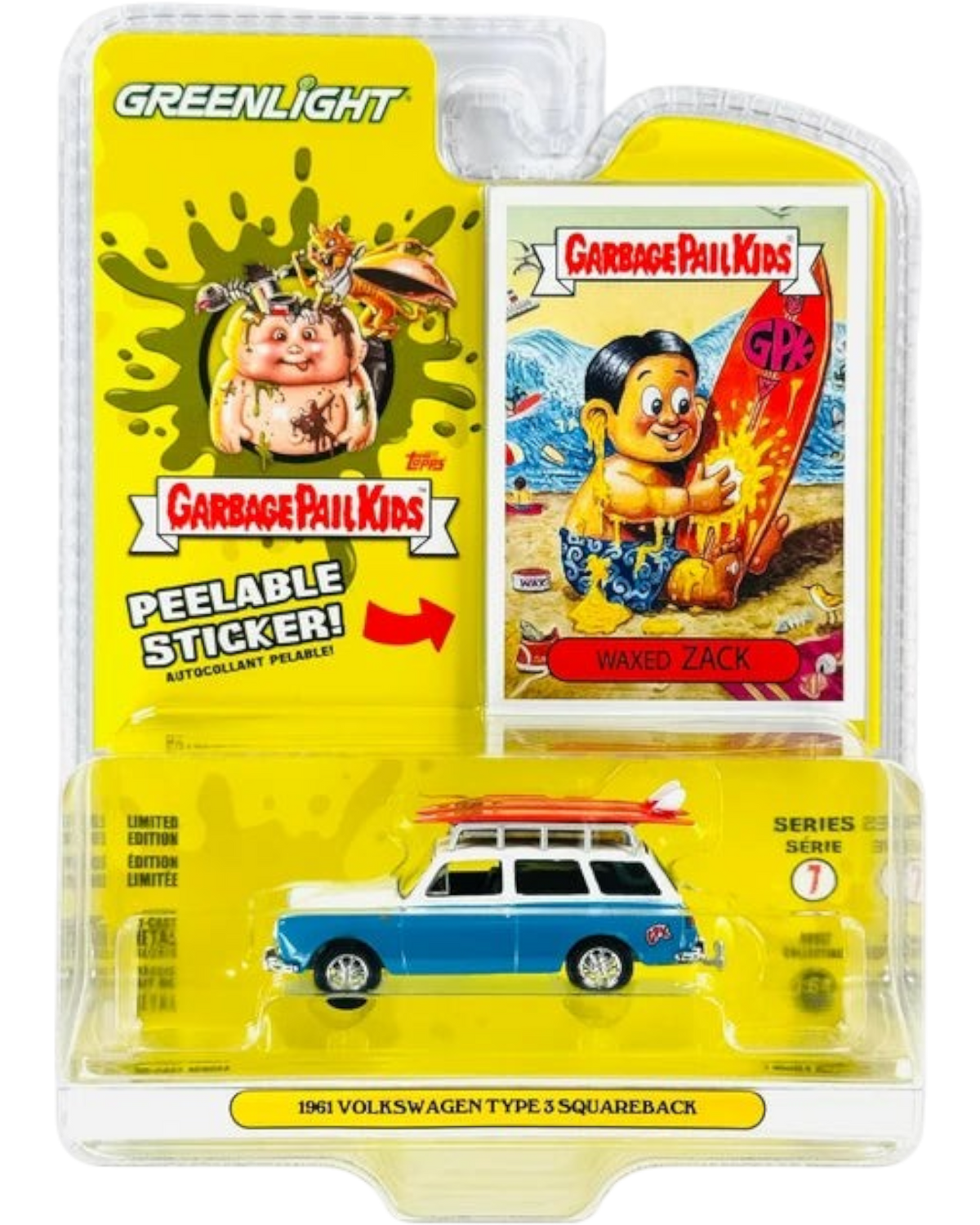 More Than Diecast 1:64 scale 1961 Volkswagen Type 3 Squareback die-cast car with surfboards and Waxed Zack GPK branding.