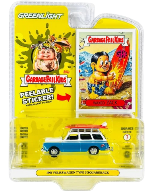 More Than Diecast 1:64 scale 1961 Volkswagen Type 3 Squareback die-cast car with surfboards and Waxed Zack GPK branding.